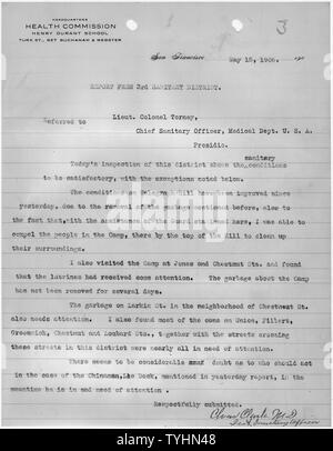 Relazione del Terzo Distretto Sanitario, San Francisco dal Distretto responsabile sanitario Charles Clark, MD, di cui al tenente colonnello G.A. Torney, capo responsabile sanitario, medico Dept (U.S.A.), Presidio.; Portata e contenuto: le informazioni contenute in questo documento riguardano la risposta federale per il 1906 San Francisco terremoto e fuoco. Foto Stock