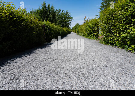 Basso angolo di visione di un lungo percorso rettilineo con ghiaia sotto la luce diretta del sole - Percorso di viaggio Foto Stock