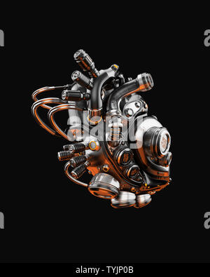 Acciaio cuore robotico futuristico, sostituzione organo, 3d rendering su sfondo scuro Foto Stock