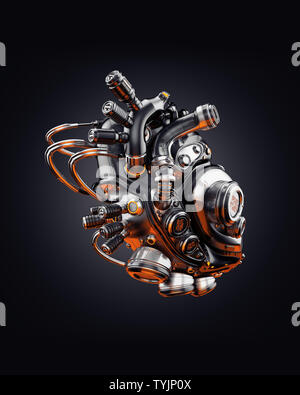 Acciaio cuore robotico futuristico, sostituzione organo, 3d rendering su sfondo scuro Foto Stock