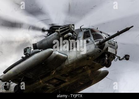 Provincia di Sabah, Malesia (11 novembre 2016) - Un CH-53E Super Stallion si prepara a terra durante la fase di esercizio Tiger Strike 2016 nella provincia di Sabah, Malesia, nov. 11. Tiger colpire 16 è un esercizio di bilaterali tra la Makin Island anfibio gruppo pronto/xi Marine Expeditionary Unit e malese delle forze armate concepite per migliorare la comunicazione e il coordinamento e aumentare la prontezza di combattimento nel contesto di un patto di stabilità e sicurezza nella regione. Lo Stallone e il suo equipaggio sono con Marine mezzo squadrone Tiltrotor 163 (rinforzato). Foto Stock