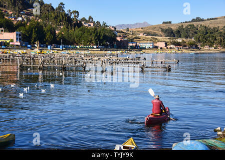 Pescatore in le barche nel porto di Copacabana, Bolivia Foto Stock