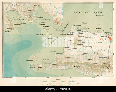 Sunda Strait, mostrando seaboard spazzato dal tsunami dopo l eruzione del Krakatoa nel 1883. Litografia a colori Foto Stock
