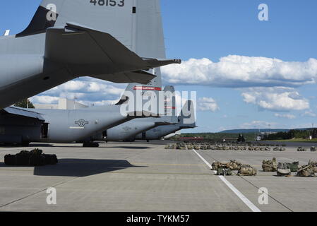 Esercito ruck sacchi sedersi dietro il velivolo per il primo airdrop di esercizio Risposta rapida 19, 13 giugno 2019. L'esercizio è uno dei premier militari di risposta alle crisi eventi di formazione dotata di alta disponibilità Airborne Forces da otto nazioni della NATO. Le attività comprendono la sosta intermedia le operazioni di base, più le operazioni di volo, e parecchi air assault operazioni. La risposta rapida esercizi hanno avuto grande successo nella creazione di una fondazione per i forti legami che condividiamo con molti alleati e partner europei di oggi. (U.S. Air Force foto di Master Sgt. Jessica Kendziorek) Foto Stock