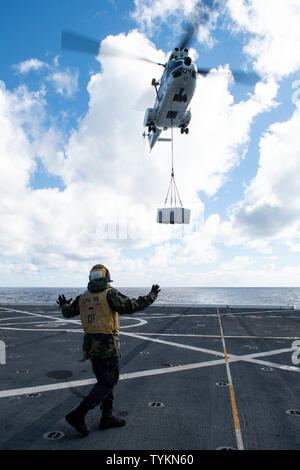 Stati Uniti Aviazione Navale di Boatswain Mate (movimentazione) terza classe Deon Sanders, da New York, segnali per una SA-330 Puma elicottero che trasporta il carico per il trasporto anfibio dock nave USS Green Bay (LPD 20) durante un rifornimento verticale con i militari Sealift il comando di carichi secchi e munizioni nave USNS Richard E. Byrd (T-AKE 4) nell'Oceano Pacifico, Giugno 25, 2019. Green Bay, parte della Vespa Anfibia Gruppo pronto, con avviato 31 Marine Expeditionary Unit, è operativo nell'Indo-Pacifico regione per migliorare l'interoperabilità con i partner e servire come una pronta risposta a forza per un Foto Stock