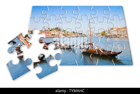 Pianificare la vostra vacanza portoghese - Concetto nella forma di puzzle - portoghese tipiche imbarcazioni utilizzate in passato per il trasporto del famoso vino di porto Foto Stock