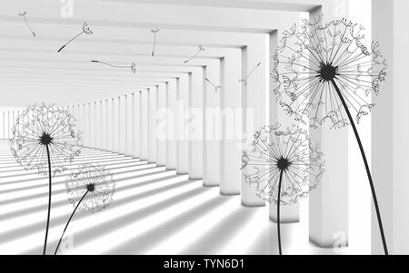 Illustrazione di 3D crystall ball sagome di tarassaco motivo decorativo su sfondo argento 3D wallpaper e tunnel Foto Stock