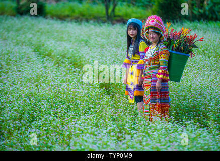 Ragazze della minoranza Hmong in un villaggio vicino a Dong Van in Vietnam Foto Stock