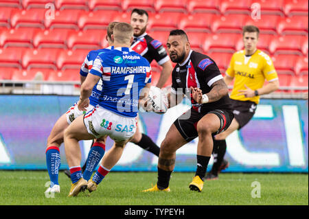 16 giugno 2019 , AJ Bell Stadium, Salford, Inghilterra; Betfred Super League, rotonda 18, Salford Red Devils vs Wakefield Trintiny ; Krisnan Inu di Salford Red Devils Credito: Richard Long/news immagini Foto Stock