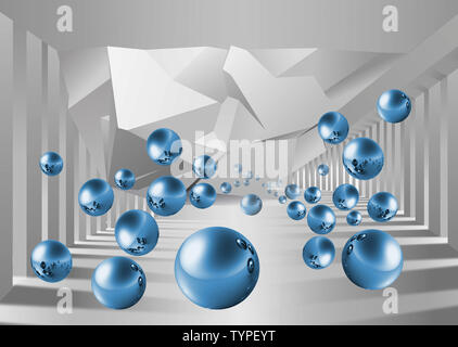 Illustrazione di 3D crystall ball sagome di tarassaco motivo decorativo su sfondo argento 3D wallpaper e tunnel Foto Stock