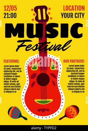 Poster del festival musicale o modello di progettazione di un volantino di invito. Chitarra acustica e maracas su sfondo giallo. Concerto di festa musicale dal vivo. Immagine eps vettoriale eventi formato A3 A4 Illustrazione Vettoriale