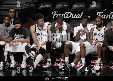 Brooklyn Nets Deron Williams, Brook Lopez, Taddeo giovani, Joe Johnson e Alan Anderson sedersi sulla panchina nel quarto trimestre contro il Charlotte Hornets presso Barclays Center a New York City il 4 marzo 2015. I calabroni sconfitto le reti 115-91. Foto di Giovanni Angelillo/ UPI Foto Stock