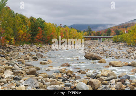 Il fogliame di autunno lungo il ramo orientale del fiume Pemigewasset, appena al di sotto della Loon Mountain. Bridge, a Lincoln, New Hampshire su un nuvoloso giorno d'autunno. Thi Foto Stock