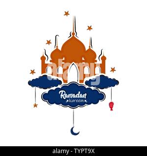 La Moschea Islamica su una nuvola con lampade, stelle e luna icone. Il Ramadan kareem - Vettore Illustrazione Vettoriale