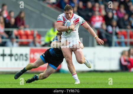 14h Giugno 2019 , totalmente Wicked Stadium, St Helens, Inghilterra; Betfred Super League, rotonda 18, St Helens vs Huddersfield giganti, Morgan Knowles di St Helens è affrontato Credito: Richard Long/news immagini Foto Stock