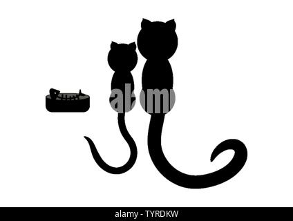 Cartoon illustrazione di un due gatti seduti con la ciotola di cibo. Ossa di pesce è nel recipiente. Si tratta di una silhouette nera. Illustrazione Vettoriale