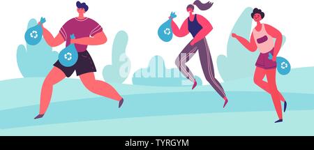 Plogging. L uomo e la donna di prelevamento durante la lettiera plogging in natura. Amici raccogli garbage durante l'esecuzione. Eco e ambiente amichevole conce ecologico Illustrazione Vettoriale