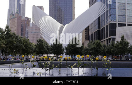 L'occhio, un vetro e acciaio struttura progettata dall'architetto spagnolo Santiago Calatrava come il nuovo World Trade Center hub di trasporto sorge dietro i fiori inserito in i nomi delle vittime a piscine riflettenti al 9/11 Memorial nei pressi One World Trade Center sul Sedicesimo anniversario degli attacchi terroristici contro il World Trade Center a Ground Zero a New York City il 11 settembre 2017. Foto di Ray Stubblebine/UPI Foto Stock