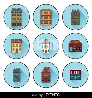 Le icone con edifici costruiti a Parigi. appartamento casa lineare icone. illustrazione vettoriale Illustrazione Vettoriale