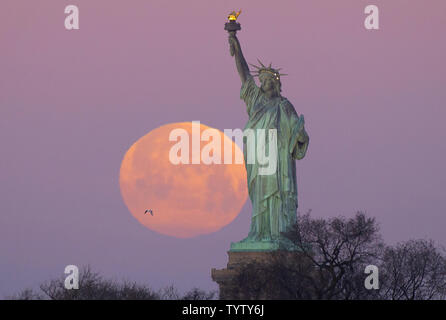 Un Super neve Luna tramonta dietro la statua della Libertà shorty dopo l'alba nel febbraio 19, 2019 a New York City. Il super neve luna è il secondo dei tre eventi supermoon nei primi tre mesi dell'anno -- un ricco calendario lunare per 2019, che segna il cinquantesimo anniversario di Apollo 11, la missione che ha preso il primo uomo sulla luna. Foto di Giovanni Angelillo/UPI Foto Stock