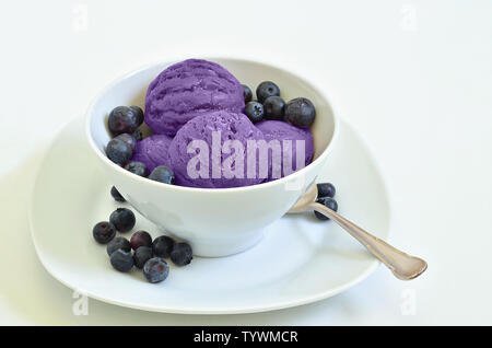 Viola mirtillo gelato con sfere di mirtilli freschi serviti in un bianco di ceramica ciotola, isolati su sfondo bianco Foto Stock