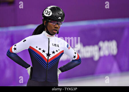 Biney Maame degli Stati Uniti durante le signore 1500m Short Track pattinaggio di velocità finali all'Pyeongchang 2018 Olimpiadi invernali, a Gangneung Ice Arena in Gangneung, Corea del Sud, il 17 febbraio 2018. Foto di Richard Ellis/UPI Foto Stock
