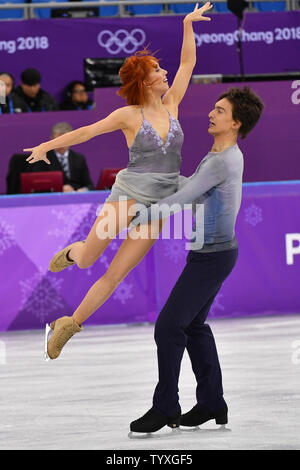 Tiffani Zago e Jonathan Guerreiro della Russia competere nella danza su ghiaccio Danza libera evento finale durante il Pyeongchang 2018 Olimpiadi invernali, a Gangneung Ice Arena in Gangneung, Corea del Sud, il 20 febbraio 2018. Foto di Richard Ellis/UPI Foto Stock