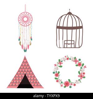 Bohemian e set vintage icone illustrazione vettoriale design Illustrazione Vettoriale