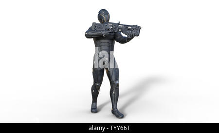 Il futuristico android soldato in bulletproof armor, cyborg militari armati con sci-fi pistola fucile in piedi e riprese su sfondo bianco, rendering 3D Foto Stock