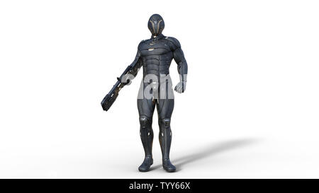 Il futuristico android soldato in bulletproof armor, cyborg militari armati con sci-fi pistola fucile in piedi su sfondo bianco, rendering 3D Foto Stock