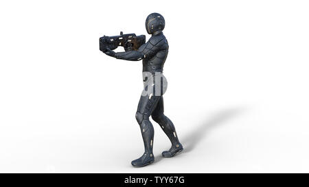Il futuristico android soldato in bulletproof armor, cyborg militari armati con sci-fi pistola fucile a piedi e riprese su sfondo bianco, rendering 3D Foto Stock