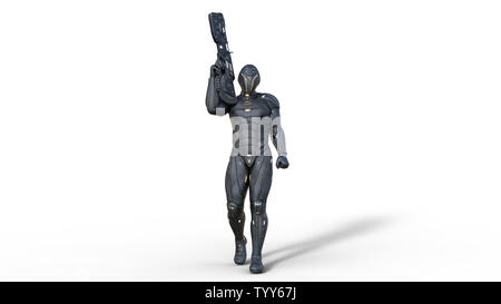 Il futuristico android soldato in bulletproof armor, cyborg militari armati con sci-fi pistola fucile a camminare su sfondo bianco, rendering 3D Foto Stock