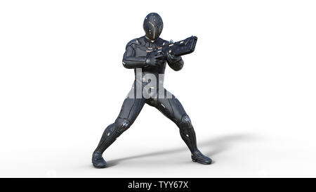 Il futuristico android soldato in bulletproof armor vest, cyborg militari armati con sci-fi fucile spari su sfondo bianco, rendering 3D Foto Stock