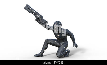 Il futuristico android soldato in bulletproof armor, cyborg militari armati con sci-fi pistola fucile accovacciato e riprese su sfondo bianco, rendering 3D Foto Stock