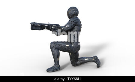 Il futuristico android soldato in bulletproof armor, cyborg militari armati con sci-fi pistola fucile in ginocchio e riprese su sfondo bianco, rendering 3D Foto Stock