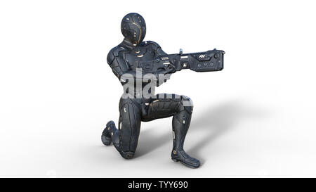 Il futuristico android soldato in bulletproof armor, cyborg militari armati con sci-fi pistola fucile inginocchiati su sfondo bianco, rendering 3D Foto Stock