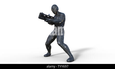 Il futuristico android soldato in bulletproof armor, cyborg militari armati con sci-fi fucile spari su sfondo bianco, rendering 3D Foto Stock