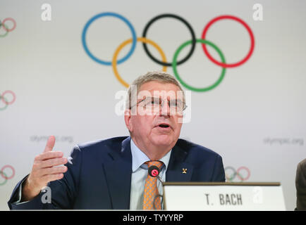 Losanna, Svizzera. Il 26 giugno, 2019. Presidente del CIO Thomas Bach risponde alle domande durante la conferenza stampa dopo la 134a sessione del Comitato Internazionale Olimpico a Losanna, Svizzera, 26 giugno 2019. Credito: Cao può/Xinhua/Alamy Live News Foto Stock