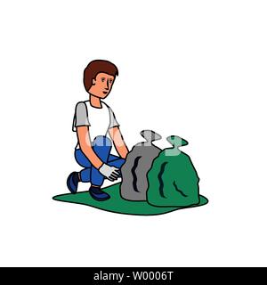 Avatar uomo con cestino borsa Progettare, Garbage riciclo eco ecologia salva e il tema ambiente illustrazione vettoriale Illustrazione Vettoriale