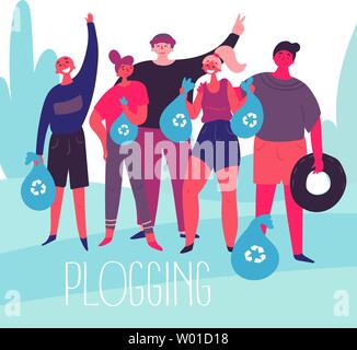 Plogging. Giovani uomini e donne pick up cucciolata durante plogging in natura. Gruppo di amici raccogli garbage durante l'esecuzione. Eco e ambiente amichevole e Illustrazione Vettoriale