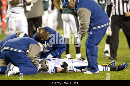 Indianapolis Colts formatori stringersi intorno a wide receiver Austin Collie sul terreno dopo essere stato ferito sul circuito di Indianapolis 40-cantiere linea durante il secondo trimestre Philadelphia Eagles-Indianapolis Colts azione di gioco a Philadelphia presso il Lincoln Financial Field Novembre 7, 2010. Collie è stato tolto il campo su una barella. Philadelphia Eagles safety Quintin Mikell fu citato per la rugosità inutili. UPI/Eileen Angelino Foto Stock