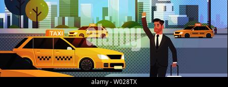 Imprenditore la cattura di taxi sulla strada business man in abbigliamento formale con i bagagli arrestando yellow cab city servizio di trasporto concetto cityscape Illustrazione Vettoriale