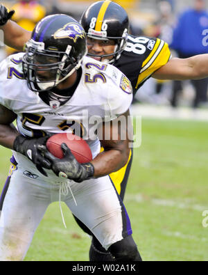 Pittsburgh Steelers Hines Ward affronta Baltimore Ravens Ray Lewis dopo la sua intercettazione degli Steelers passano nei secondi finali su i corvi 17-14 vincere a Heinz Field di Pittsburgh, in Pennsylvania il 3 ottobre 2010. UPI/Archie Carpenter Foto Stock