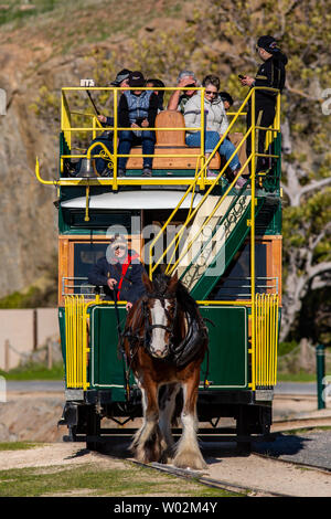 L'iconico cavallo carrello tra Victor Harbor e granite island utilizzando la Causeway in Sud Australia il 26 giugno 2019 Foto Stock