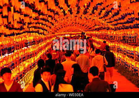 Visitatori brillare rosso in un tunnel di lanterne di festa a Jinju Namgang Yudeung Festival, o la lanterna di Jinju Festival, in Jinju, Corea del Sud il 1 ottobre 2012. Il festival, che corre al 1 ottobre a 14, originato durante l'invasione giapponese del 1592 quando coreani lanterne accese per illuminare il fiume Namgang Jinjuseong circostante Fortezza per impedire che le truppe giapponesi dall'incrocio. Una tradizione durante il festival sono le lanterne galleggianti che trasportano i popoli desideri. UPI/Thomas Michael Corcoran Foto Stock