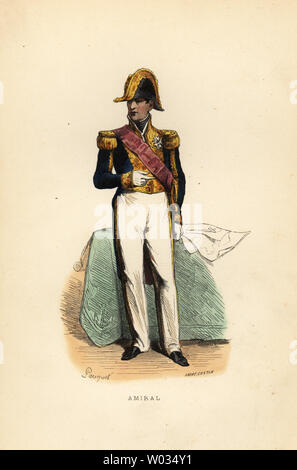 Uniforme di un ammiraglio o amiral nella Marina Militare francese, 1844. Handcolored woodblock Print by Pauquet dopo Andre Castan da Eugene Panini Marine, arsenaux, navires, equipages, navigazione, atterages, combatte, L. Curmer, Parigi, 1844. Foto Stock