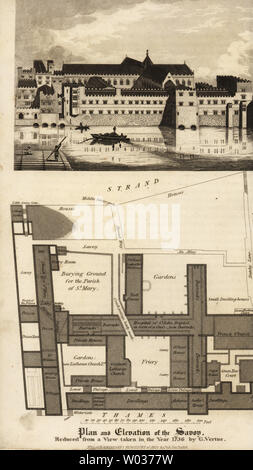 In pianta e in elevazione del Savoy, tra il filamento e il fiume Thames, a partire da una vista presa nel 1736 da George Vertue. Planimetria mostra caserma, ospedale, case e giardini, seppellendo la terra, Chiesa francese, tedesco chiesa luterana e abitazioni. Incisione su rame da Rudolph Ackermann's repository delle Arti, Londra, 1816. Foto Stock