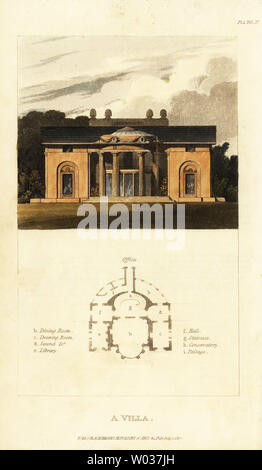 In pianta e in elevazione di un Regency villa neoclassica. Planimetria mostra sala da pranzo, salotto, sala musica, biblioteca, sala, scala, conservatorio e di passaggio. Handcolored incisione su rame da Rudolph Ackermann's repository delle Arti, Londra, 1817. Foto Stock