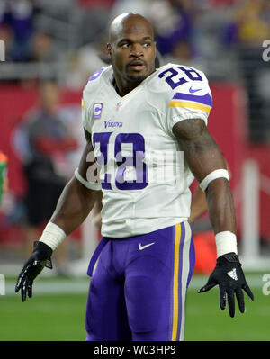 Minnesota Vikings running back Adrian Peterson si stende davanti i Cardinali Vikings-Arizona gioco presso University of Phoenix Stadium di Glendale, Arizona, Dicembre 10, 2015. Foto di arte Foxall/UPI Foto Stock