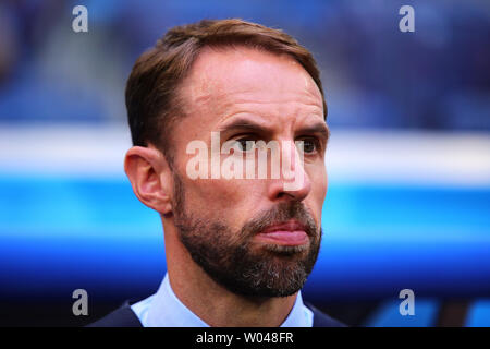 Inghilterra manager Gareth Southgate guarda su durante il 2018 FIFA World Cup terzo posto play-off corrispondono a San Pietroburgo Stadium di San Pietroburgo, Russia il 14 luglio 2018. Belgio battuto Inghilterra 2-0 terzo al traguardo. Foto di Chris Brunskill/UPI Foto Stock